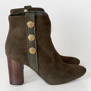 Tommy Hilfiger Suede Leather Ankle Boots Gold Buttons High Heel 9.5 Military